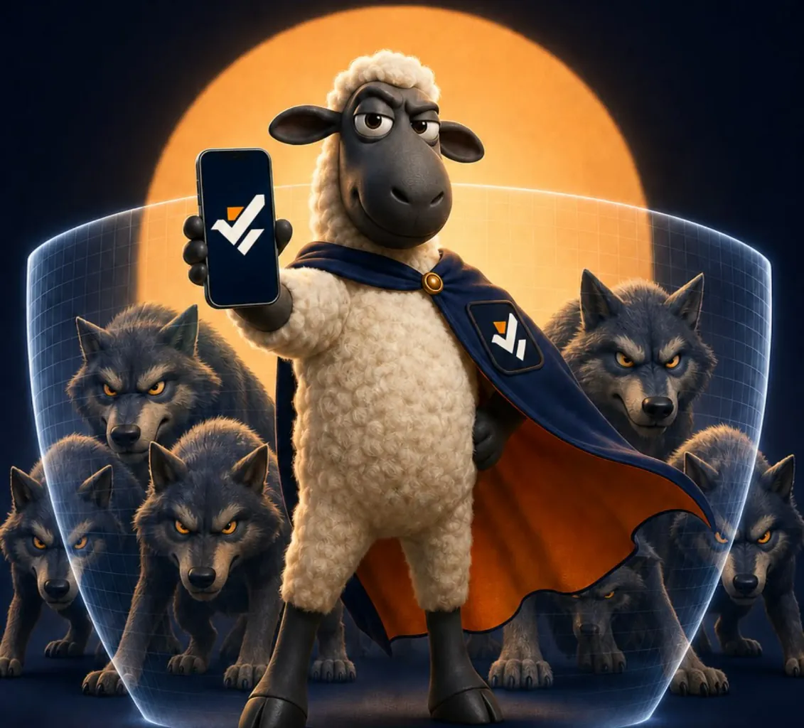 A sheep in a cape stands its ground and holds up a phone showing the Akurra AI tick. Behind a glass shield, a pack of wolves looks on.